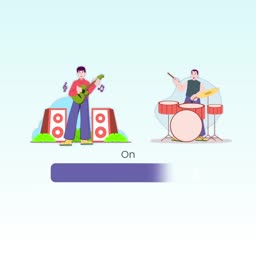 A cartoon illustration of a guitarist and a drummer performing music with a loading bar underneath