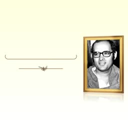 A framed black and white portrait of a man with glasses placed against a cream background with decorative lines.