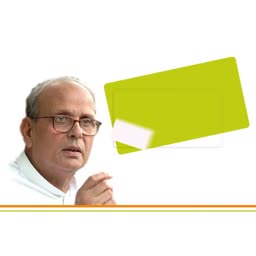 A senior Indian male figure with glasses wearing a white shirt, presented with a yellow placeholder graphic
