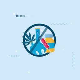 An illustration showing a prohibition sign over drugs, syringe, and a marijuana leaf, representing international drug abuse prevention.