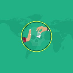 A hand rejecting illegal drugs in front of a world map and skull symbol