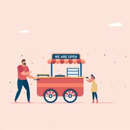 A man pushing a food stall cart while a customer looks on in a flat illustration style
