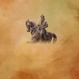 Statue of Maharaja Ranjit Singh on horseback against a textured golden background