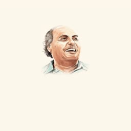 A smiling hand-drawn illustration of Indian business tycoon Dhirubhai Ambani on a cream background