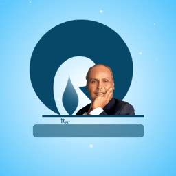 Portrait of Dhirubhai Ambani in front of a stylized logo on a blue background
