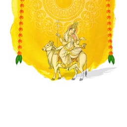 Goddess Shailputri riding a bull, representing the first day of Navratri on a yellow background