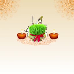 A festive graphic for Chaitra Navratri featuring Jau sprouts, oil lamps, and a depiction of Goddess Durga on a beige background.