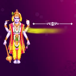 Lord Vishnu standing with four arms and golden ornaments on a purple gradient background