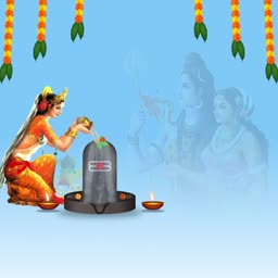 A woman offering water to Lord Shiva Lingam with Shiv Parvati background during Maha Shivratri