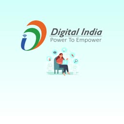 A graphic depicting the Digital India logo with an illustration of a woman working on a laptop surrounded by digital icons.