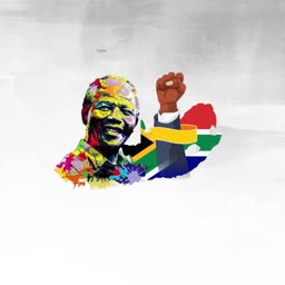 Artistic illustration of Nelson Mandela with a raised fist over the South African flag