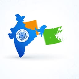 A stylized blue map of India featuring the Ashoka Chakra with orange and green paint-stroke elements.
