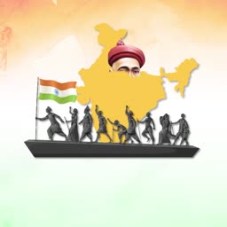 Graphic illustration of Indian independence movement featuring a map, historical figures, and the Indian flag
