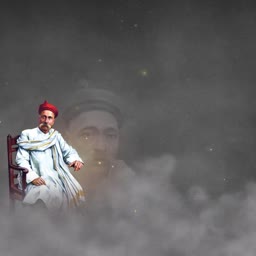 Bal Gangadhar Tilak seated in a traditional pose with a ghostly overlay on a smoky dark background