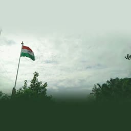 The tricolor Indian national flag waving on a tall pole against a moody, cloudy sky surrounded by lush green trees.