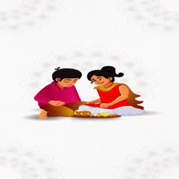 A cartoon illustration of a brother and sister celebrating Bhai Dooj with traditional sweets and rituals.