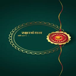 Elegant dark green Raksha Bandhan greeting card with a decorative gold frame and traditional Rakhi