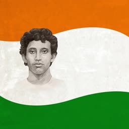 A portrait illustration of Indian revolutionary Khudiram Bose against the backdrop of the Indian tricolor flag
