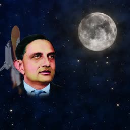Portrait of Dr. Vikram Sarabhai with the Moon and a space shuttle in the background