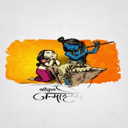 A cartoon illustration of Lord Krishna playing the flute with a devotee sitting beside him, celebrating Krishna Janmashtami.