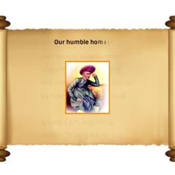 A portrait of a historical Indian figure in traditional attire on a parchment scroll background