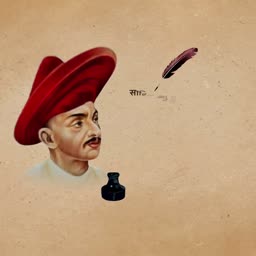 A portrait of Vinayak Damodar Savarkar wearing a traditional red Marathi pagadi with a quill and inkwell