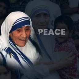 Mother Teresa smiling in her traditional habit with the word PEACE overlaid