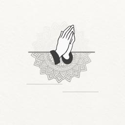 Minimalist line art illustration of praying hands over a circular mandala pattern on a beige background.