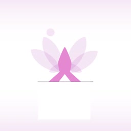 A minimalist graphic of a pink lotus flower with layered translucent petals above a white rectangular base on a light purple background.