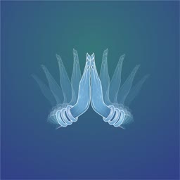 An artistic representation of hands in a namaste greeting pose with a motion trail effect on a blue gradient background.