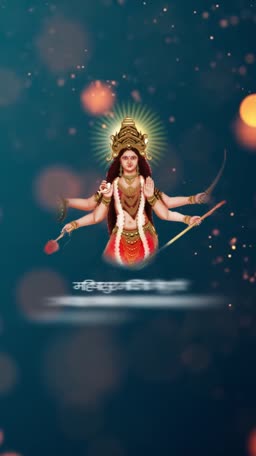 An illustration of Goddess Durga on a dark blue background with soft glowing lights