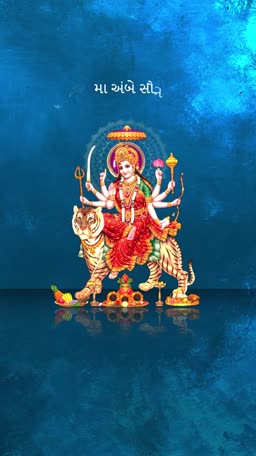 Goddess Durga sitting on a tiger with traditional Indian artistic style and blue background