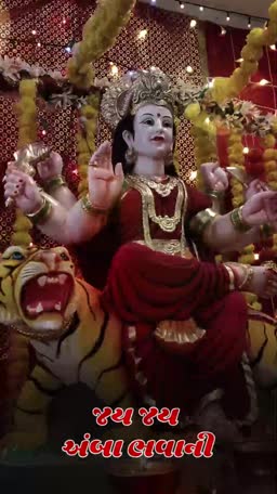 Statue of Goddess Durga riding a tiger, decorated for Navratri festival