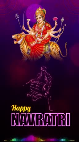 Goddess Durga riding a tiger with dhol drum outline for Navratri festival