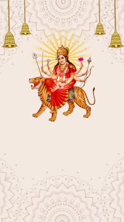 Goddess Durga riding a tiger with hanging decorative bells and mandala background