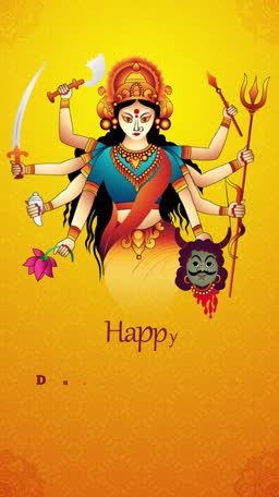 An illustrative depiction of Goddess Durga with ten arms holding weapons, featuring a vibrant yellow and orange background for Durga Puja.