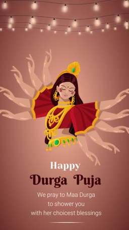 A beautiful illustration of Goddess Durga with multiple arms for Durga Puja celebration