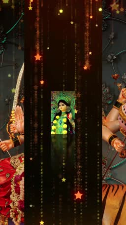 An artistic representation of Goddess Durga with festive sparkling lights overlay