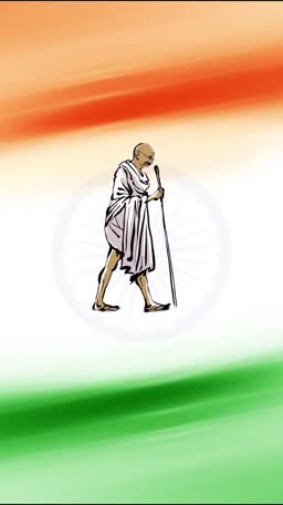 A vector-style illustration of Mahatma Gandhi walking with a staff against the background of the Indian tricolor flag.