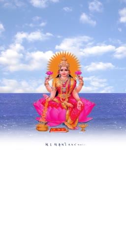 Goddess Lakshmi sitting on a pink lotus flower against a blue ocean and sky background