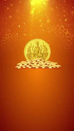 A stack of gold coins featuring Goddess Lakshmi on a festive orange background for Dhanteras