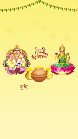 A celebratory Diwali greeting image featuring Goddess Lakshmi and Lord Kuber with gold pots on a yellow background.