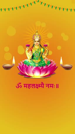 Goddess Lakshmi sitting on a pink lotus with diya lamps