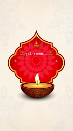 A decorative Diwali diya lamp with a red mandala frame on a light beige background