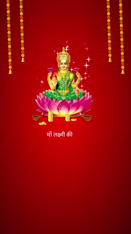 Goddess Lakshmi sitting on a pink lotus flower against a red background with marigold garlands