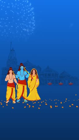 Lord Rama, Sita, and Lakshmana standing in front of Ayodhya Ram Mandir with fireworks during Diwali