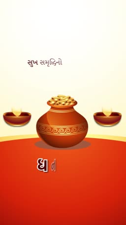 A traditional Indian Dhanteras greeting featuring a clay pot filled with gold coins, lit oil lamps, and festive Gujarati text on a warm background.