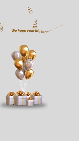 Gold and silver balloons floating above wrapped gift boxes with confetti