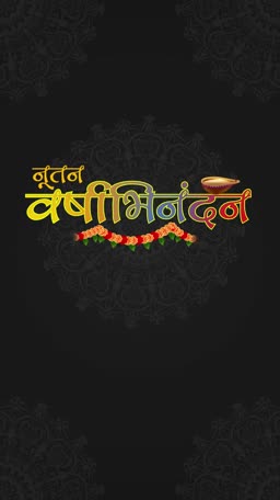 Decorative Nutan Varshabhinandan text on a dark patterned background with a diya and marigold garland.