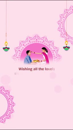 A festive greeting card design for Bhai Dooj featuring a sister applying a tilak to her brother with hanging lamps and mandala patterns in a pink background.